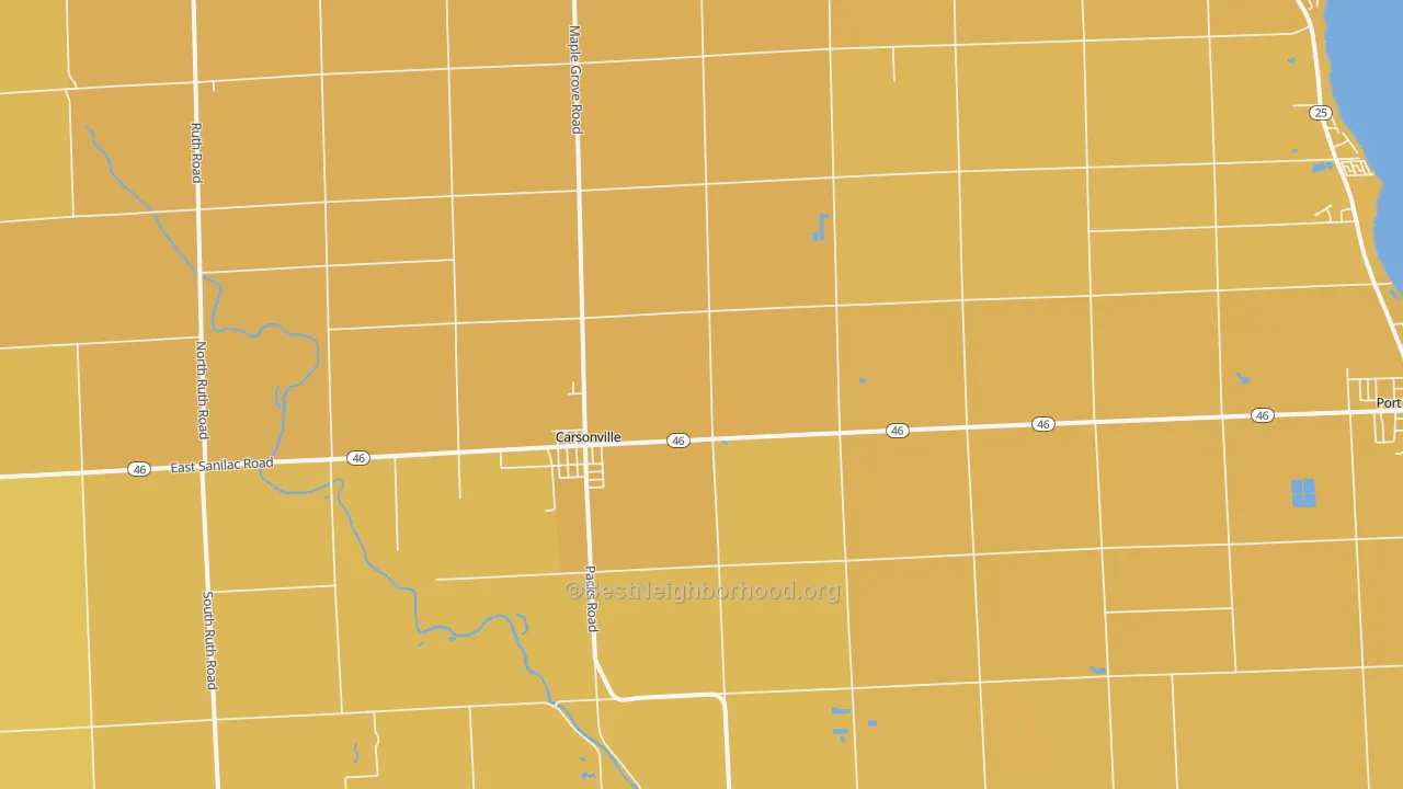Map of the best neighborhoods in the Carsonville area, with better matches in green and worse matches in red