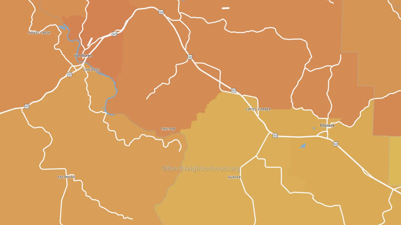 Map of the best neighborhoods in the Carter County area, with better matches in green and worse matches in red