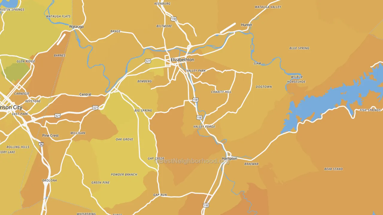 Map of the best neighborhoods in the Carter County area, with better matches in green and worse matches in red