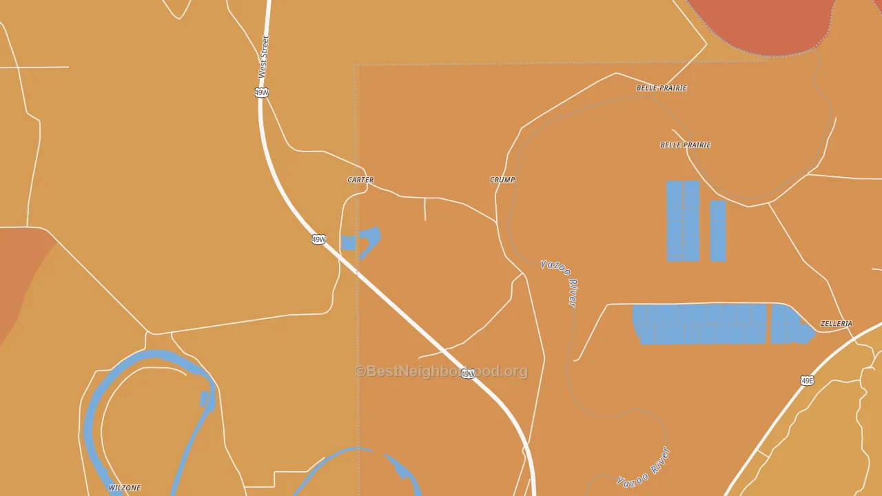 Map of the best neighborhoods in the Carter area, with better matches in green and worse matches in red