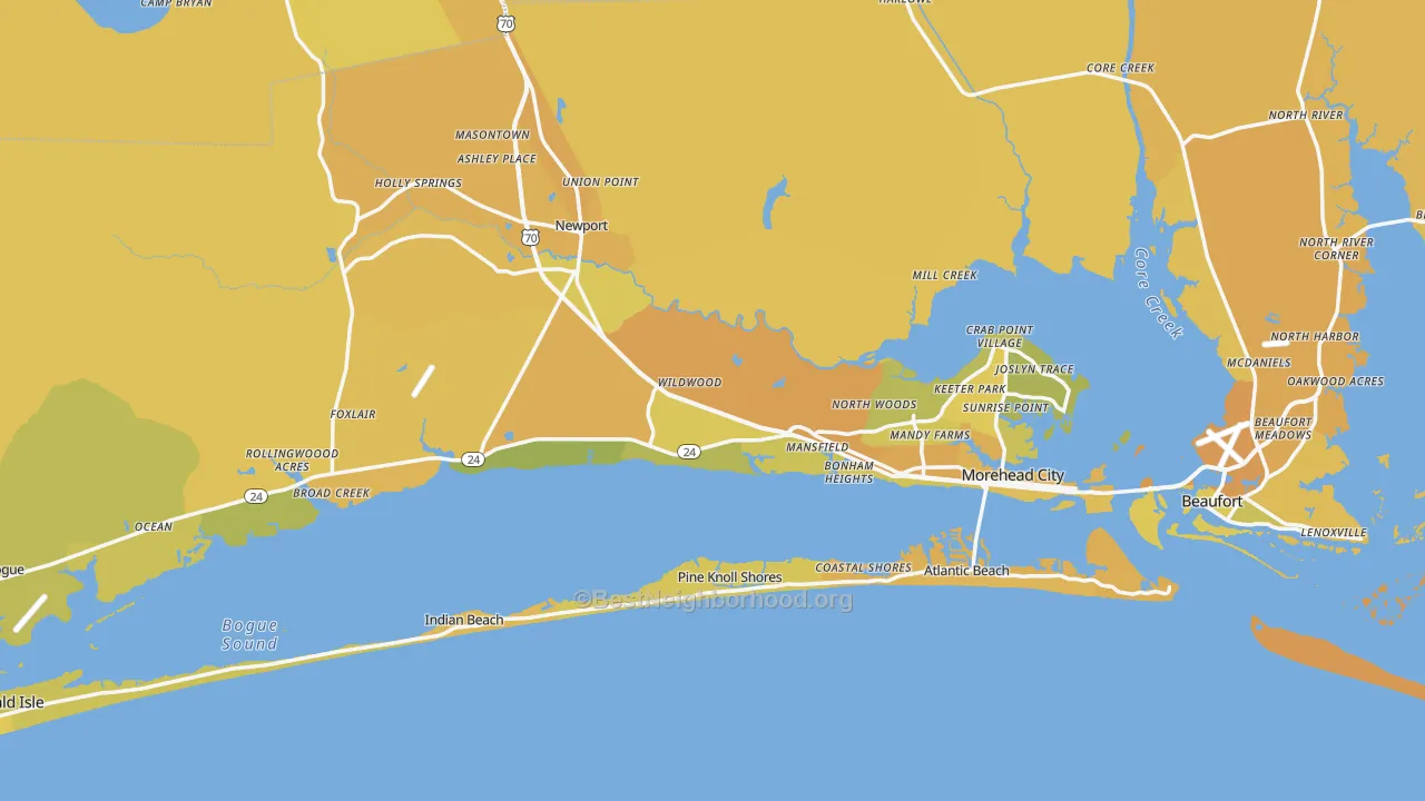 Map of the best neighborhoods in the Carteret County area, with better matches in green and worse matches in red