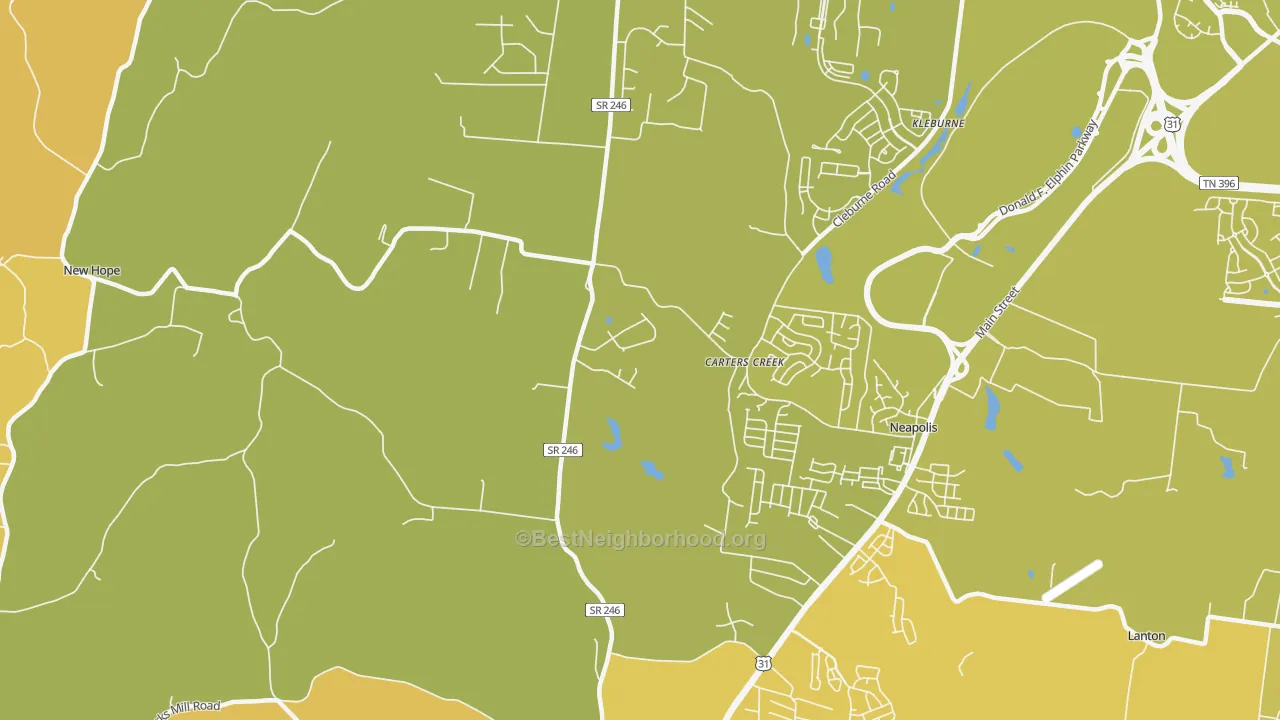 Map of the best neighborhoods in the Carters Creek area, with better matches in green and worse matches in red