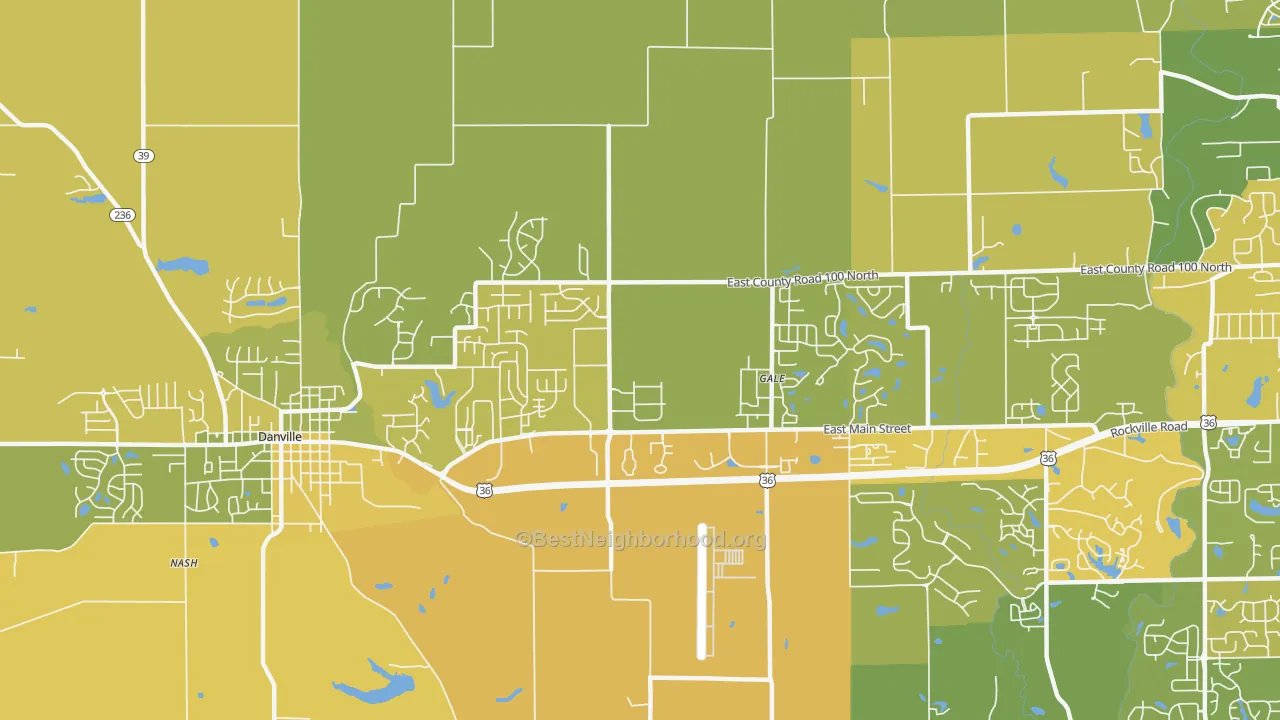 Map of the best neighborhoods in the Cartersburg area, with better matches in green and worse matches in red