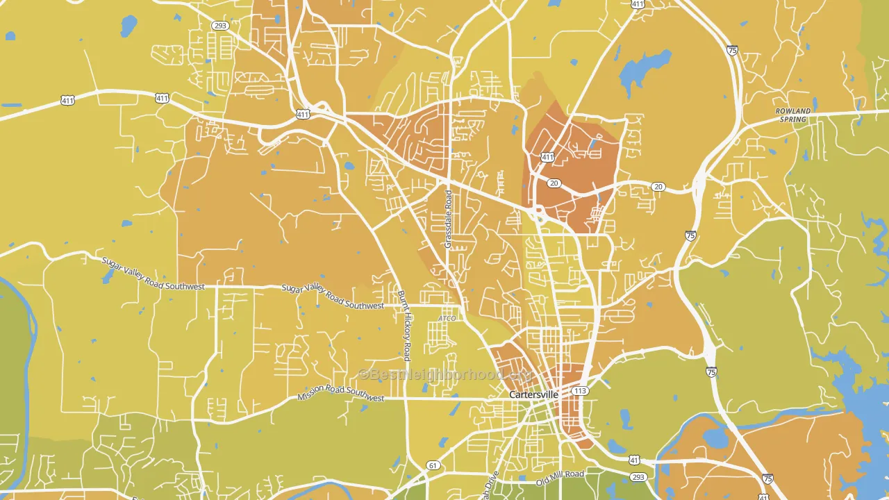 Map of the best neighborhoods in the Cartersville area, with better matches in green and worse matches in red