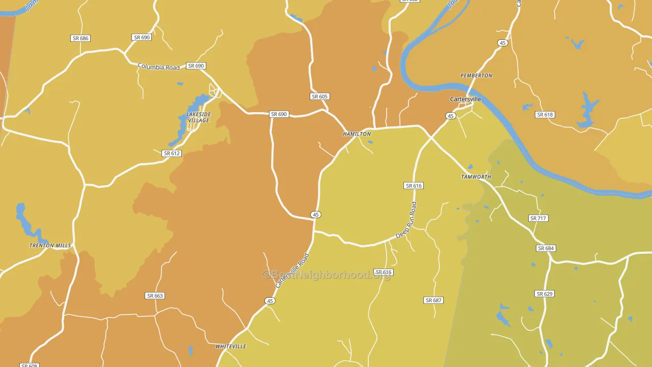 Map of the best neighborhoods in the Cartersville area, with better matches in green and worse matches in red
