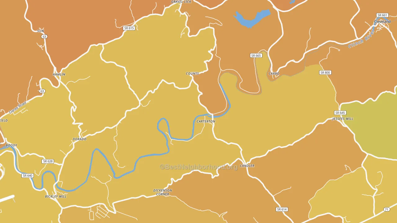 Map of the best neighborhoods in the Carterton area, with better matches in green and worse matches in red