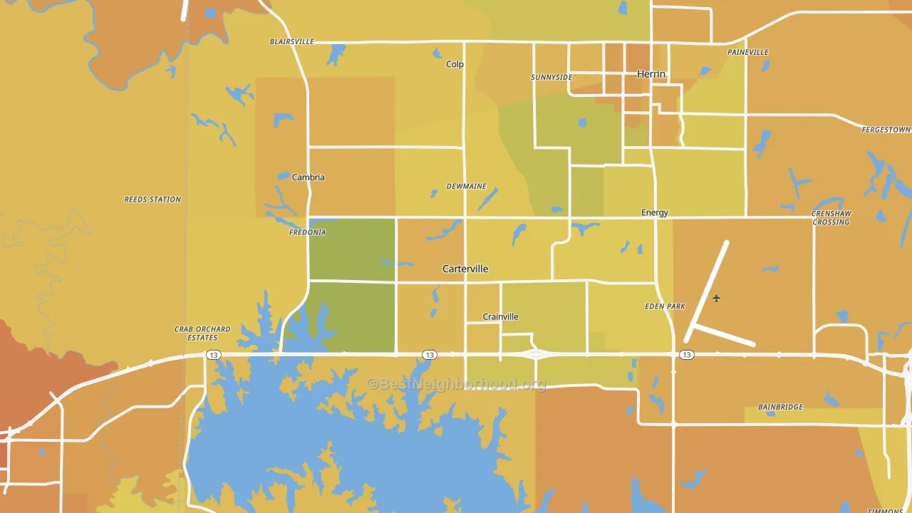 Map of the best neighborhoods in the Carterville area, with better matches in green and worse matches in red