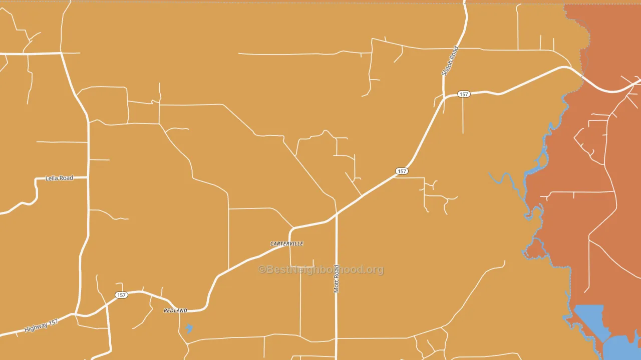 Map of the best neighborhoods in the Carterville area, with better matches in green and worse matches in red