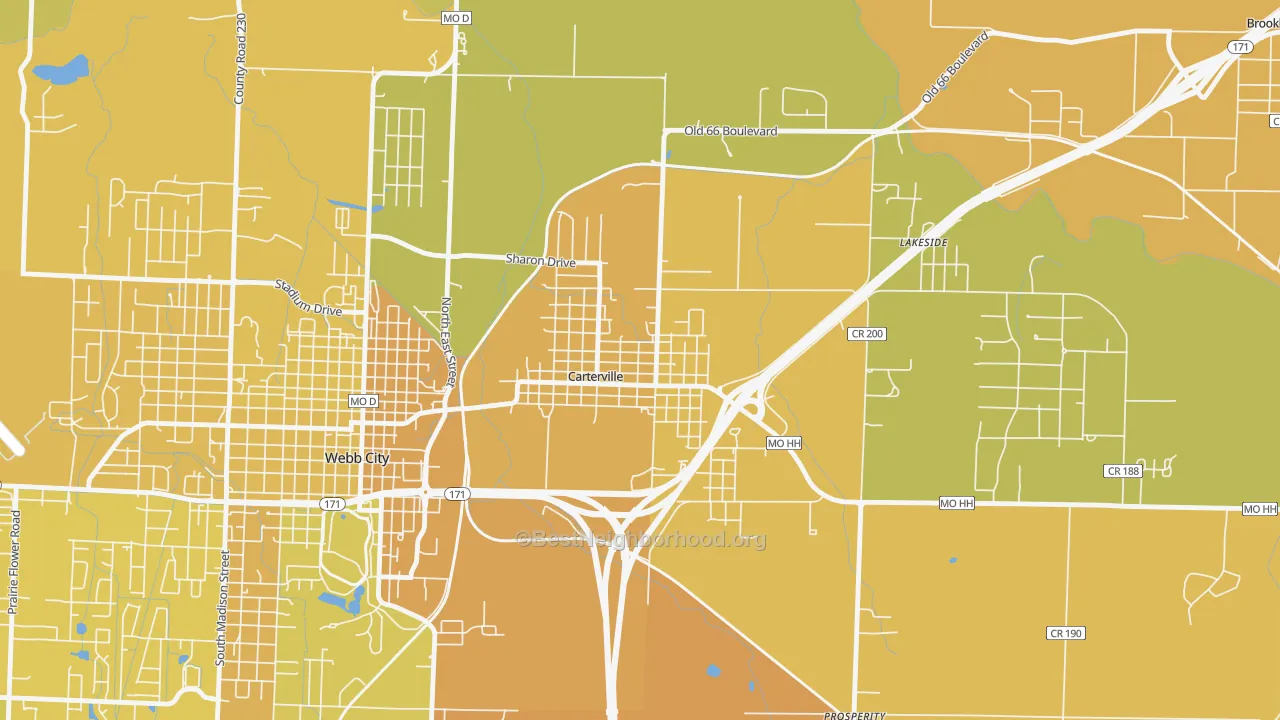 Map of the best neighborhoods in the Carterville area, with better matches in green and worse matches in red