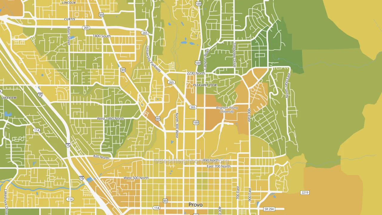 Map of the best neighborhoods in the Carterville, Provo area, with better matches in green and worse matches in red