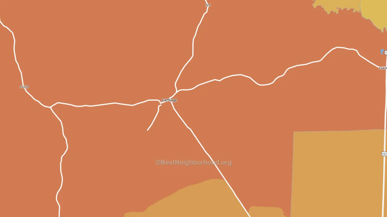 Map of the best neighborhoods in the Carthage area, with better matches in green and worse matches in red