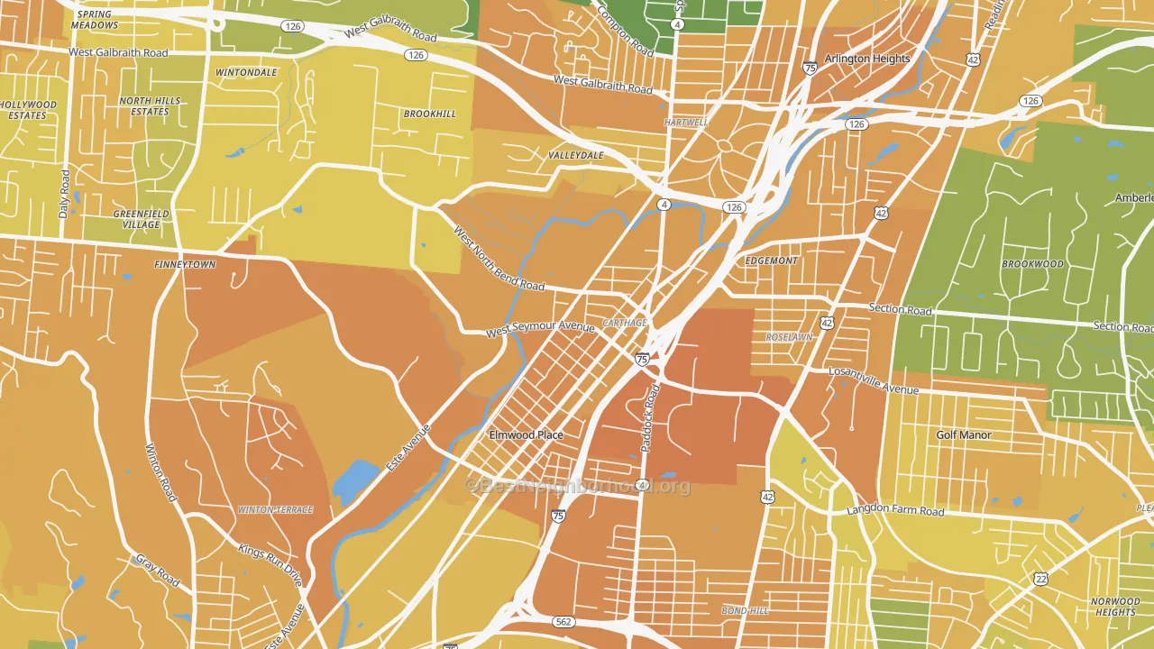 Map of the best neighborhoods in the Carthage, Cincinnati area, with better matches in green and worse matches in red