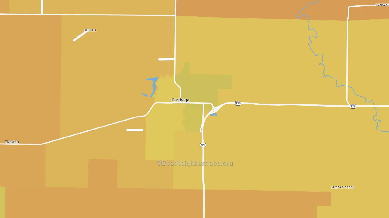 Map of the best neighborhoods in the Carthage area, with better matches in green and worse matches in red