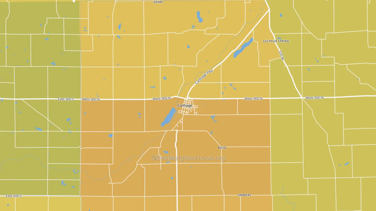 Map of the best neighborhoods in the Carthage area, with better matches in green and worse matches in red