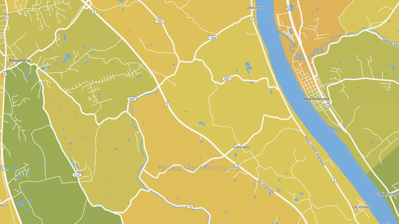 Map of the best neighborhoods in the Carthage area, with better matches in green and worse matches in red