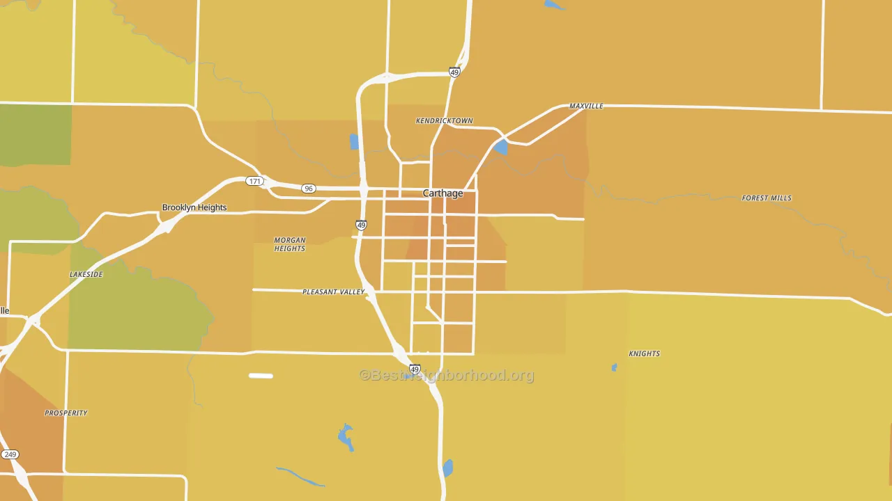 Map of the best neighborhoods in the Carthage area, with better matches in green and worse matches in red