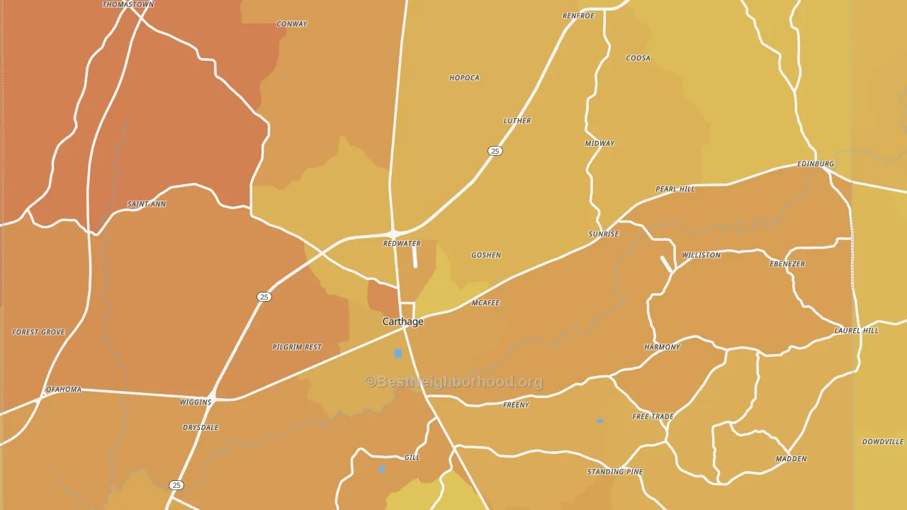 Map of the best neighborhoods in the Carthage area, with better matches in green and worse matches in red