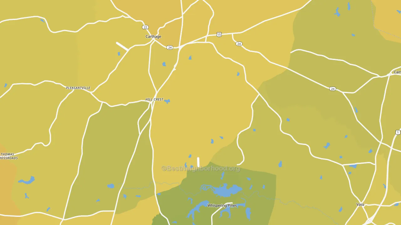Map of the best neighborhoods in the Carthage area, with better matches in green and worse matches in red