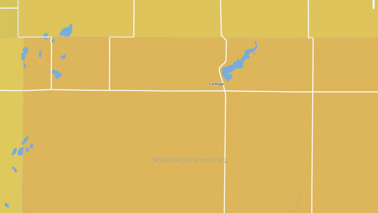 Map of the best neighborhoods in the Carthage area, with better matches in green and worse matches in red