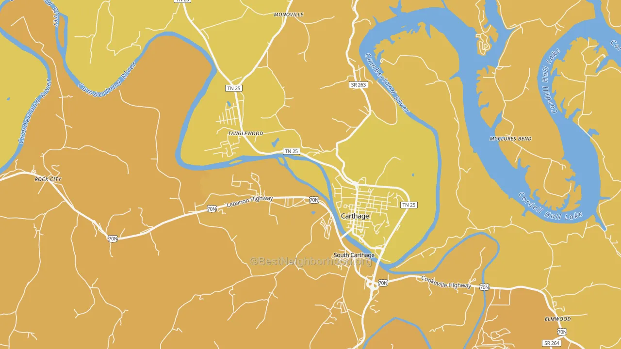 Map of the best neighborhoods in the Carthage area, with better matches in green and worse matches in red