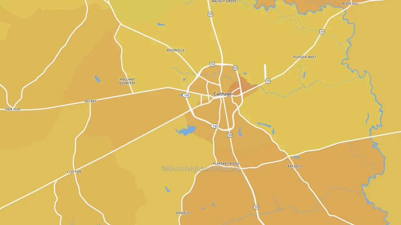 Map of the best neighborhoods in the Carthage area, with better matches in green and worse matches in red