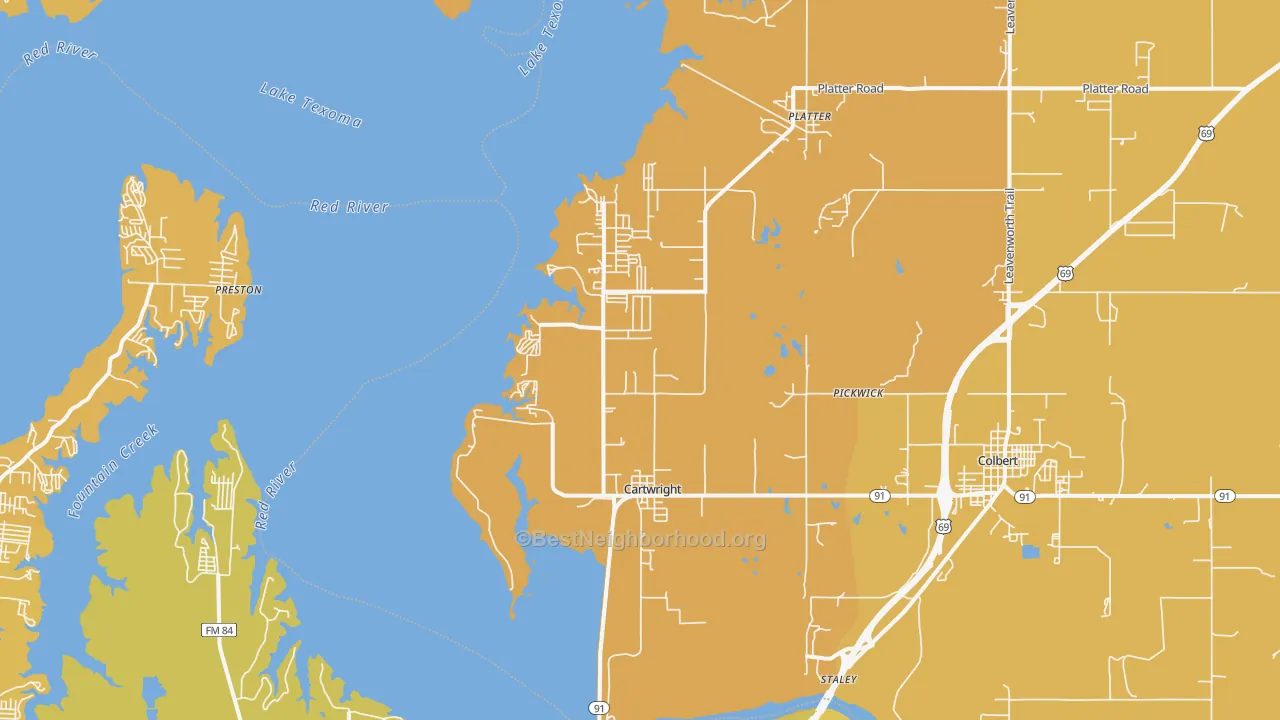 Map of the best neighborhoods in the Cartwright area, with better matches in green and worse matches in red