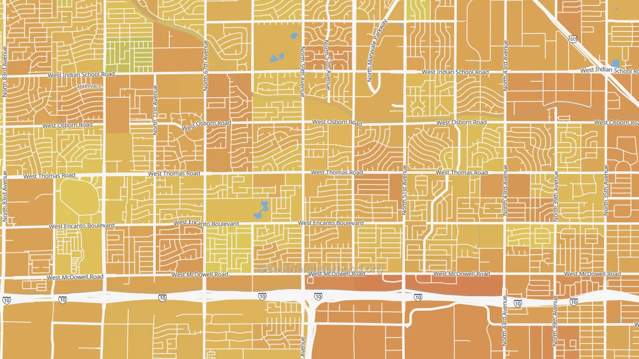 Map of the best neighborhoods in the Cartwright, Phoenix area, with better matches in green and worse matches in red
