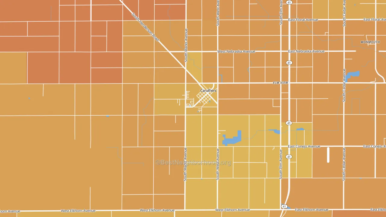 Map of the best neighborhoods in the Caruthers area, with better matches in green and worse matches in red