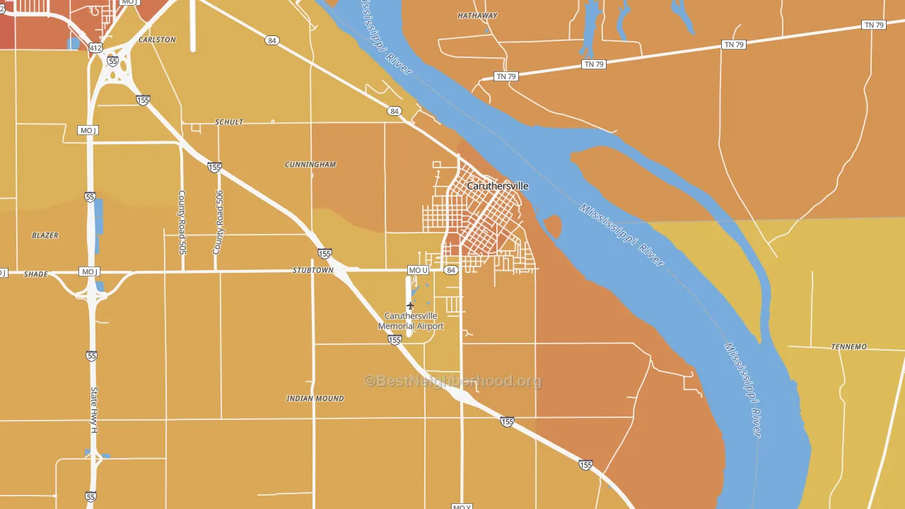 Map of the best neighborhoods in the Caruthersville area, with better matches in green and worse matches in red