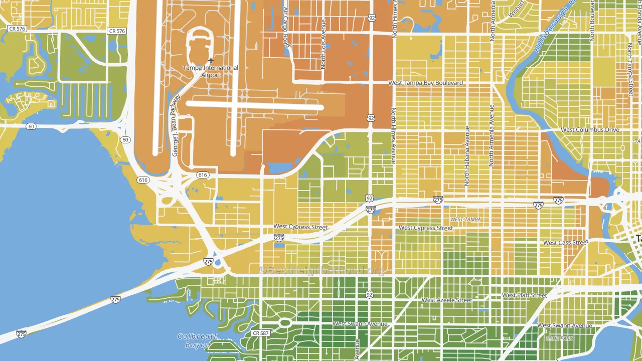 Map of the best neighborhoods in the Carver City-Lincoln Gardens, Tampa area, with better matches in green and worse matches in red
