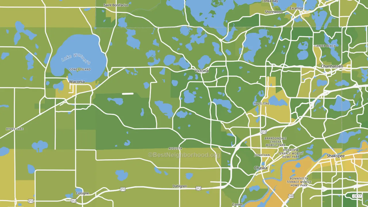 Map of the best neighborhoods in the Carver County area, with better matches in green and worse matches in red