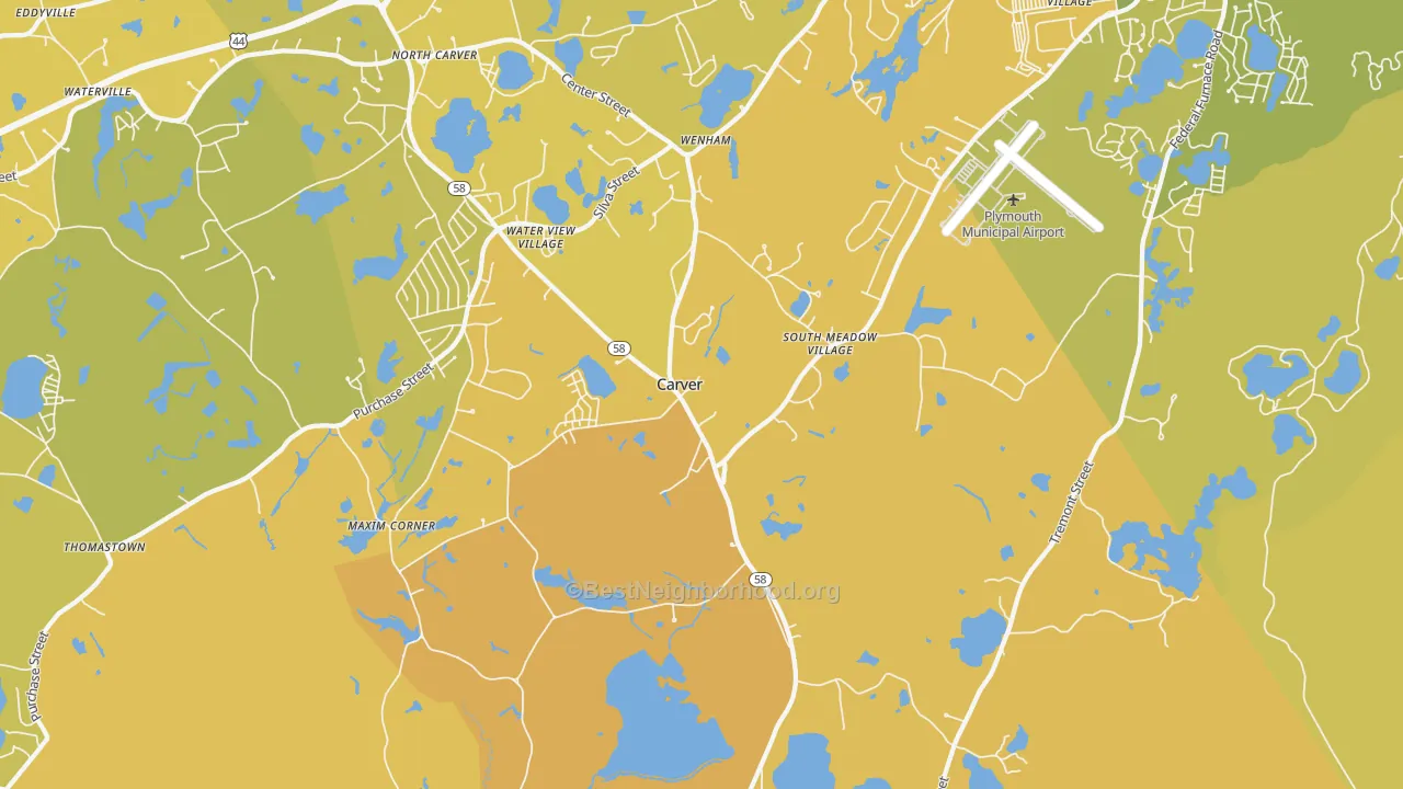 Map of the best neighborhoods in the Carver area, with better matches in green and worse matches in red