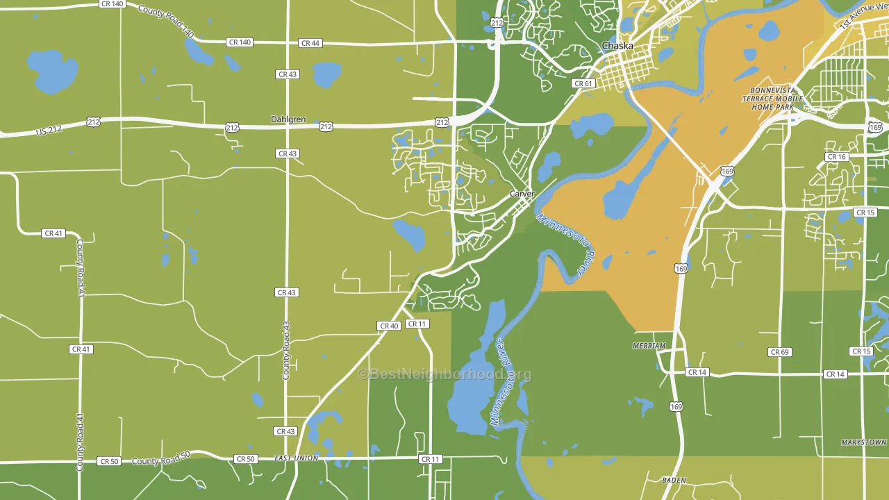 Map of the best neighborhoods in the Carver area, with better matches in green and worse matches in red