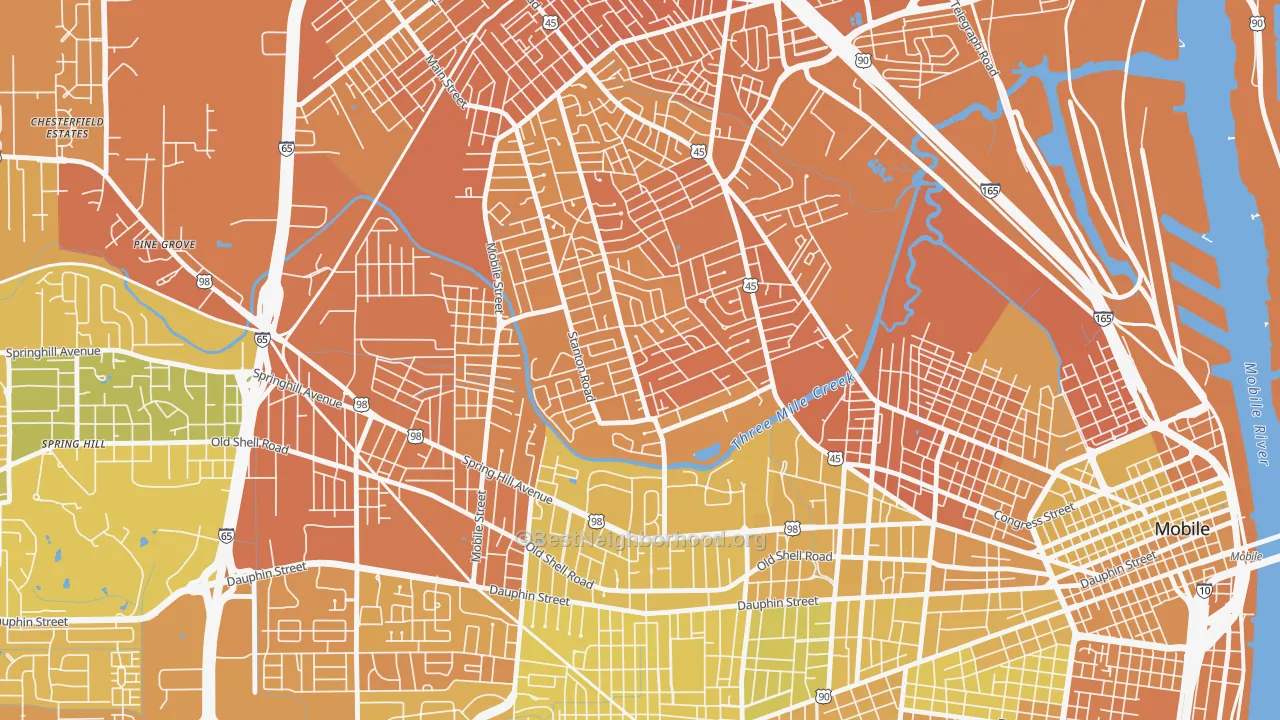 Map of the best neighborhoods in the Carver, Mobile area, with better matches in green and worse matches in red