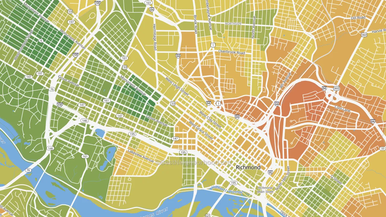 Map of the best neighborhoods in the Carver-Richmond, Richmond area, with better matches in green and worse matches in red