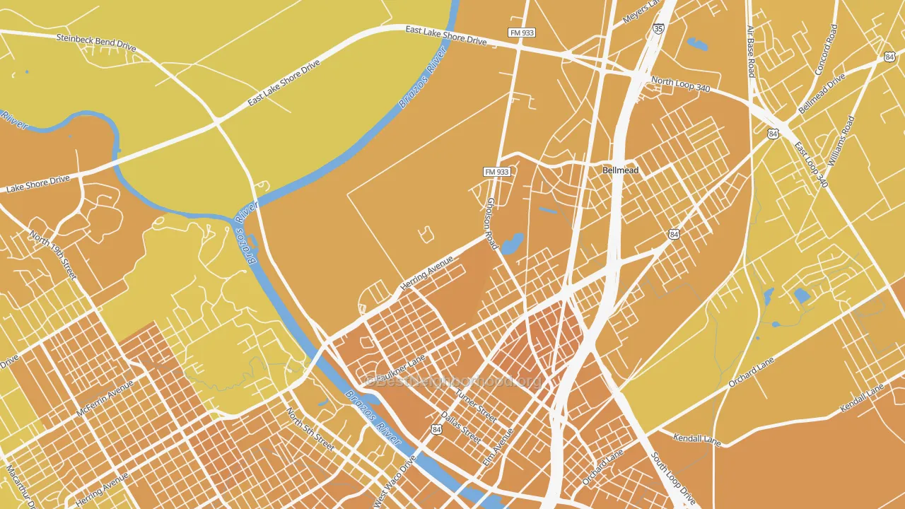 Map of the best neighborhoods in the Carver, Waco area, with better matches in green and worse matches in red
