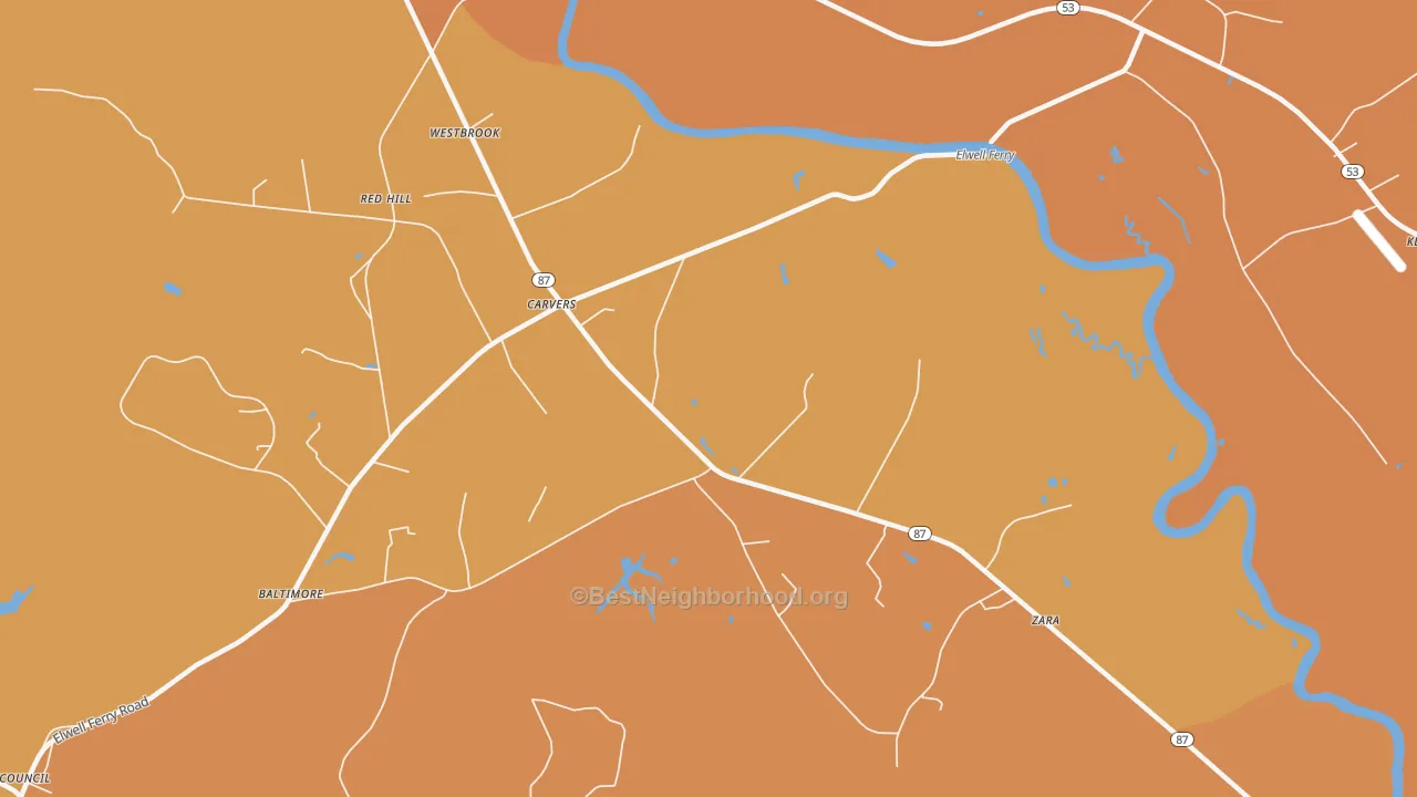 Map of the best neighborhoods in the Carvers area, with better matches in green and worse matches in red