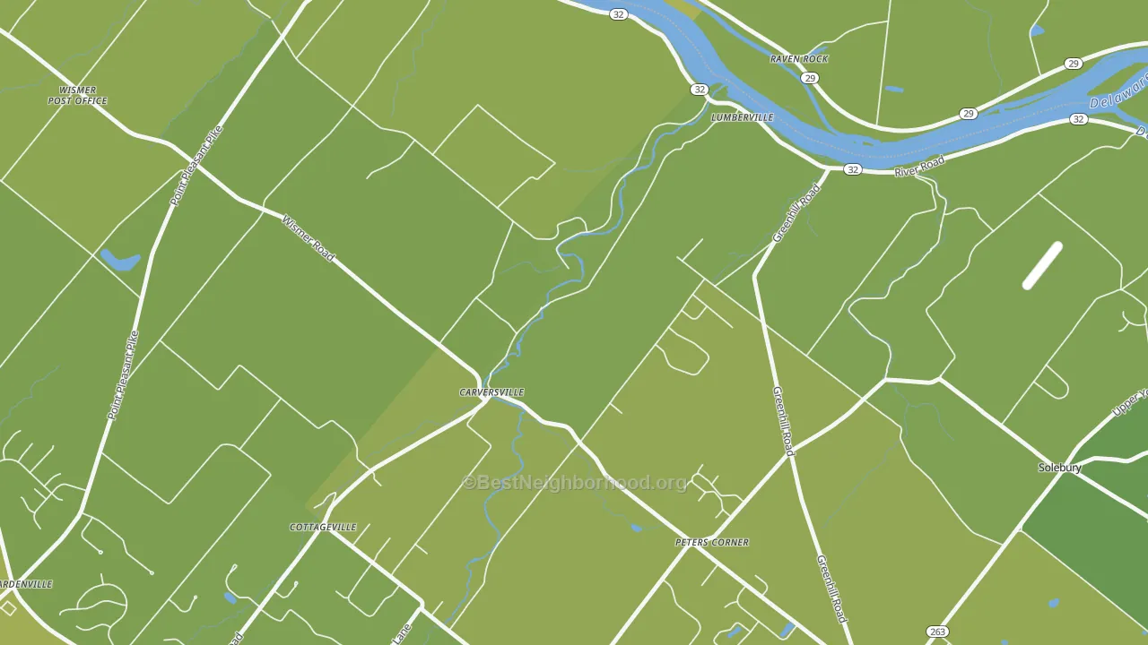 Map of the best neighborhoods in the Carversville area, with better matches in green and worse matches in red