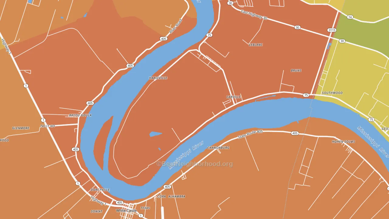 Map of the best neighborhoods in the Carville area, with better matches in green and worse matches in red