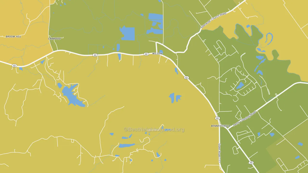 Map of the best neighborhoods in the Carwood area, with better matches in green and worse matches in red
