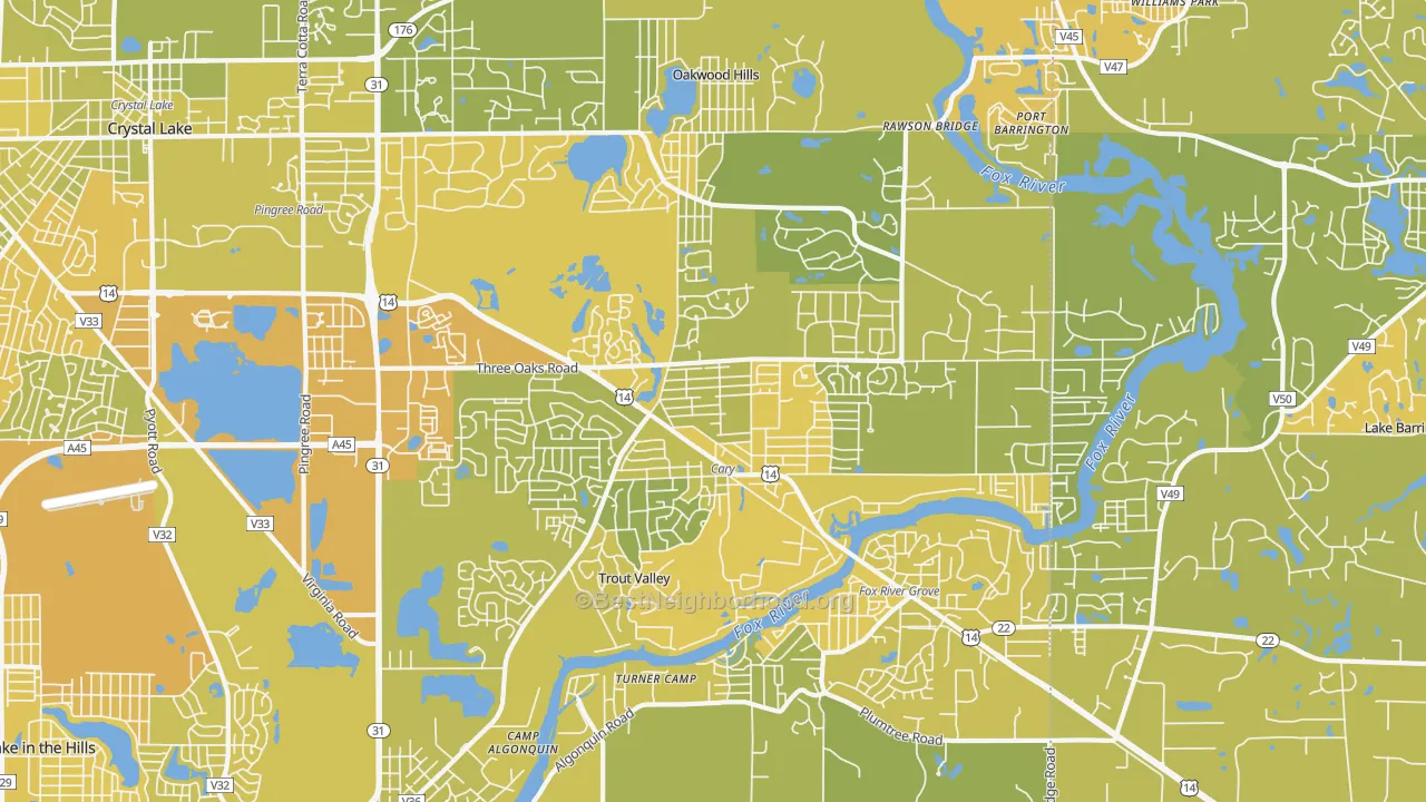 Map of the best neighborhoods in the Cary area, with better matches in green and worse matches in red