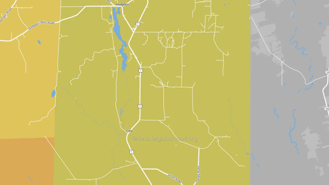 Map of the best neighborhoods in the Cary area, with better matches in green and worse matches in red