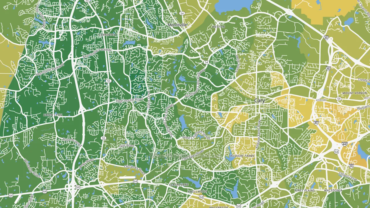 Map of the best neighborhoods in the Cary area, with better matches in green and worse matches in red