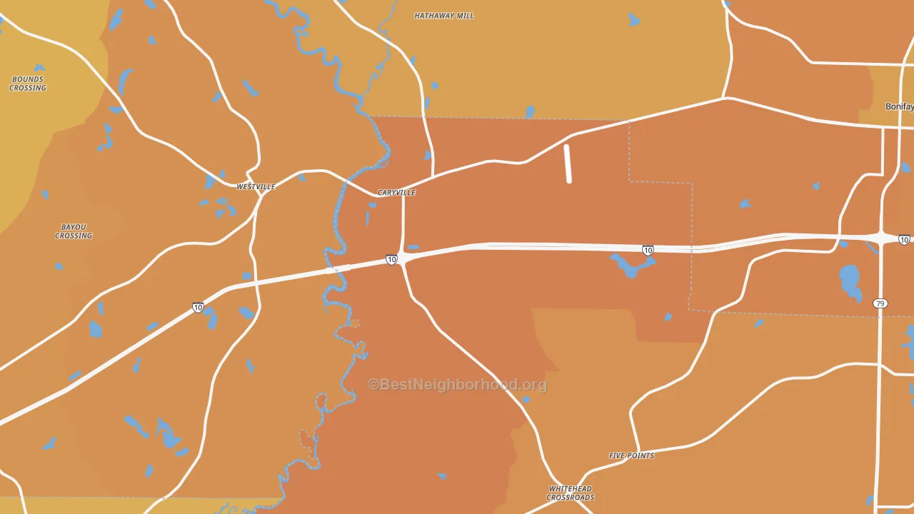 Map of the best neighborhoods in the Caryville area, with better matches in green and worse matches in red