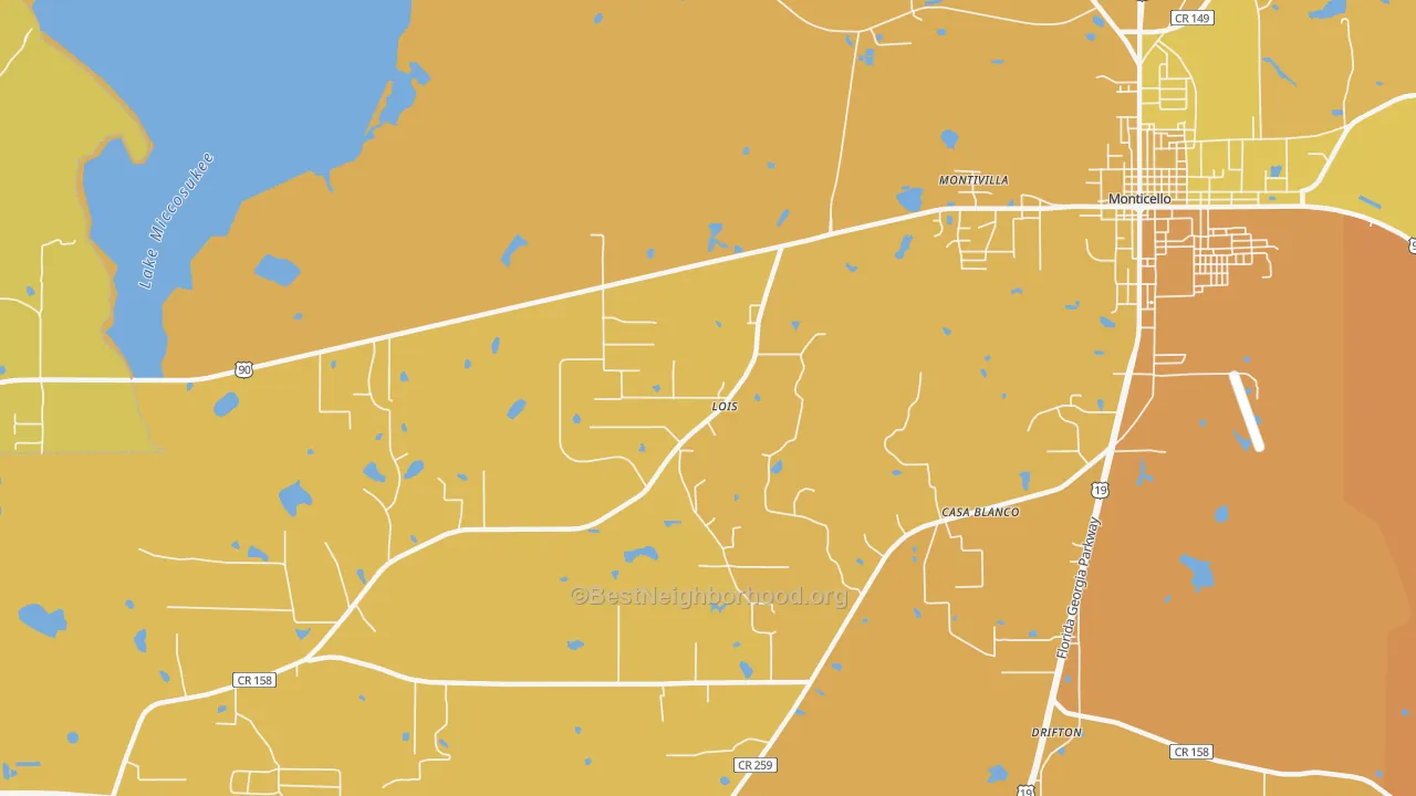 Map of the best neighborhoods in the Casa Blanco area, with better matches in green and worse matches in red