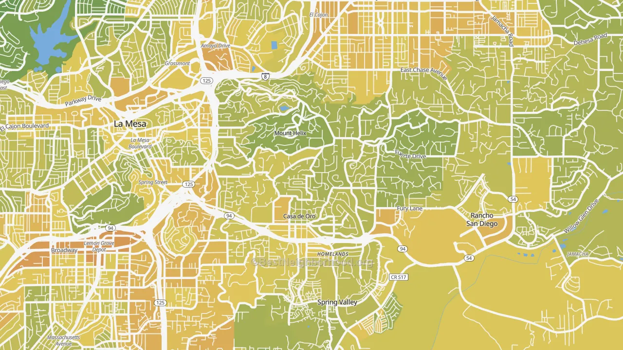 Map of the best neighborhoods in the Casa de Oro-Mount Helix area, with better matches in green and worse matches in red