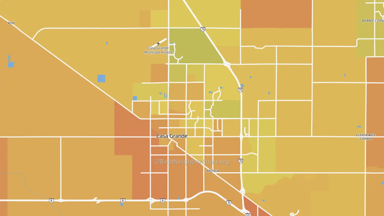 Map of the best neighborhoods in the Casa Grande area, with better matches in green and worse matches in red