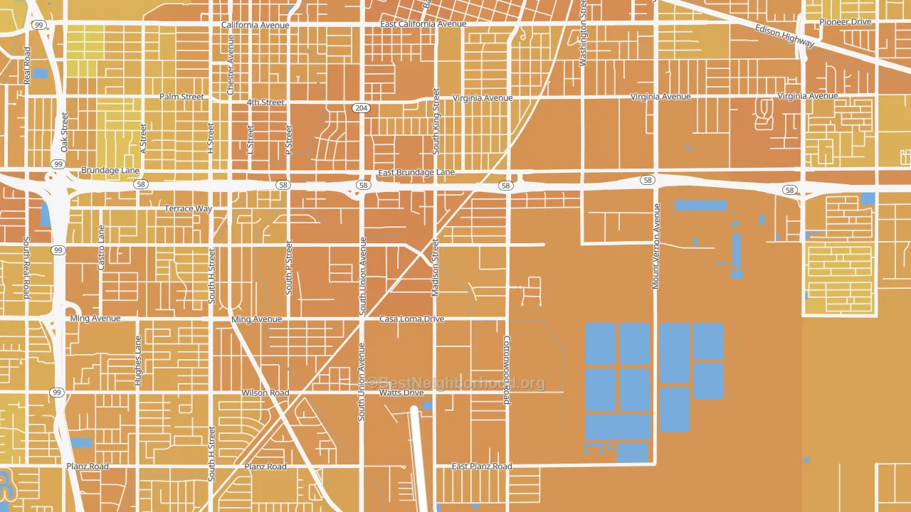 Map of the best neighborhoods in the Casa Loma, Bakersfield area, with better matches in green and worse matches in red