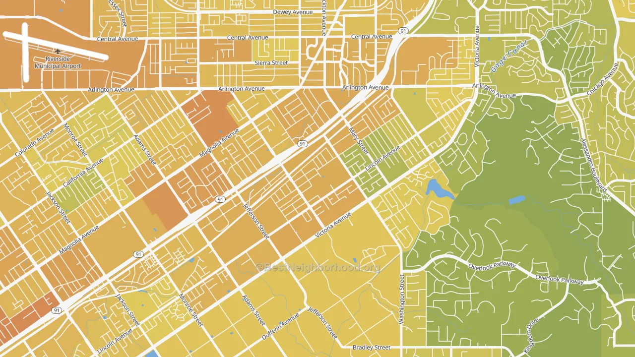 Map of the best neighborhoods in the Casablanca, Riverside area, with better matches in green and worse matches in red