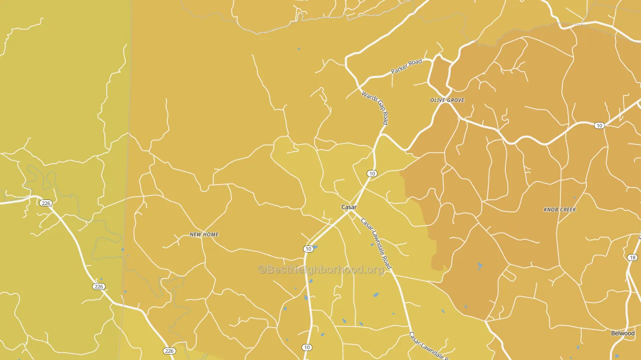 Map of the best neighborhoods in the Casar area, with better matches in green and worse matches in red